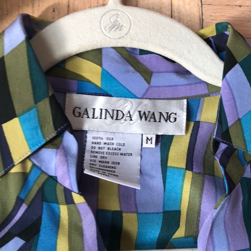 100% Silk Blouse Bright Geometric Pattern - image 2